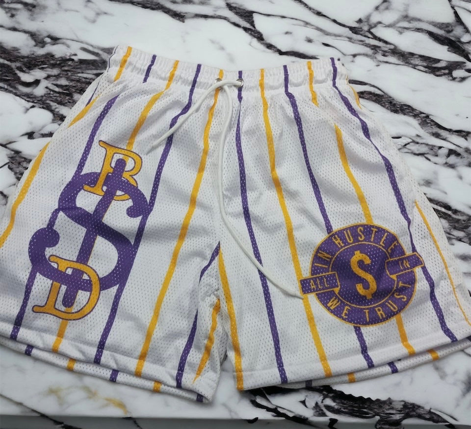 White, Purple, and Yellow Mesh Shorts